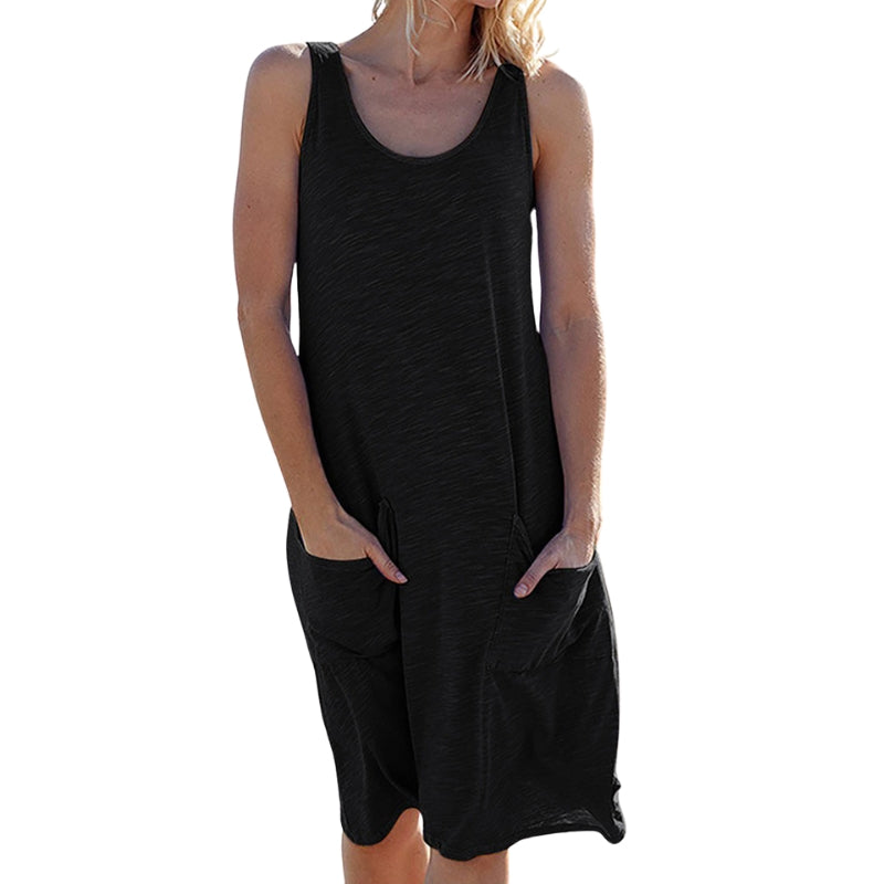 Sophie – Ærmeløs Knælang Kjole med Lige Snit og Sidelommer