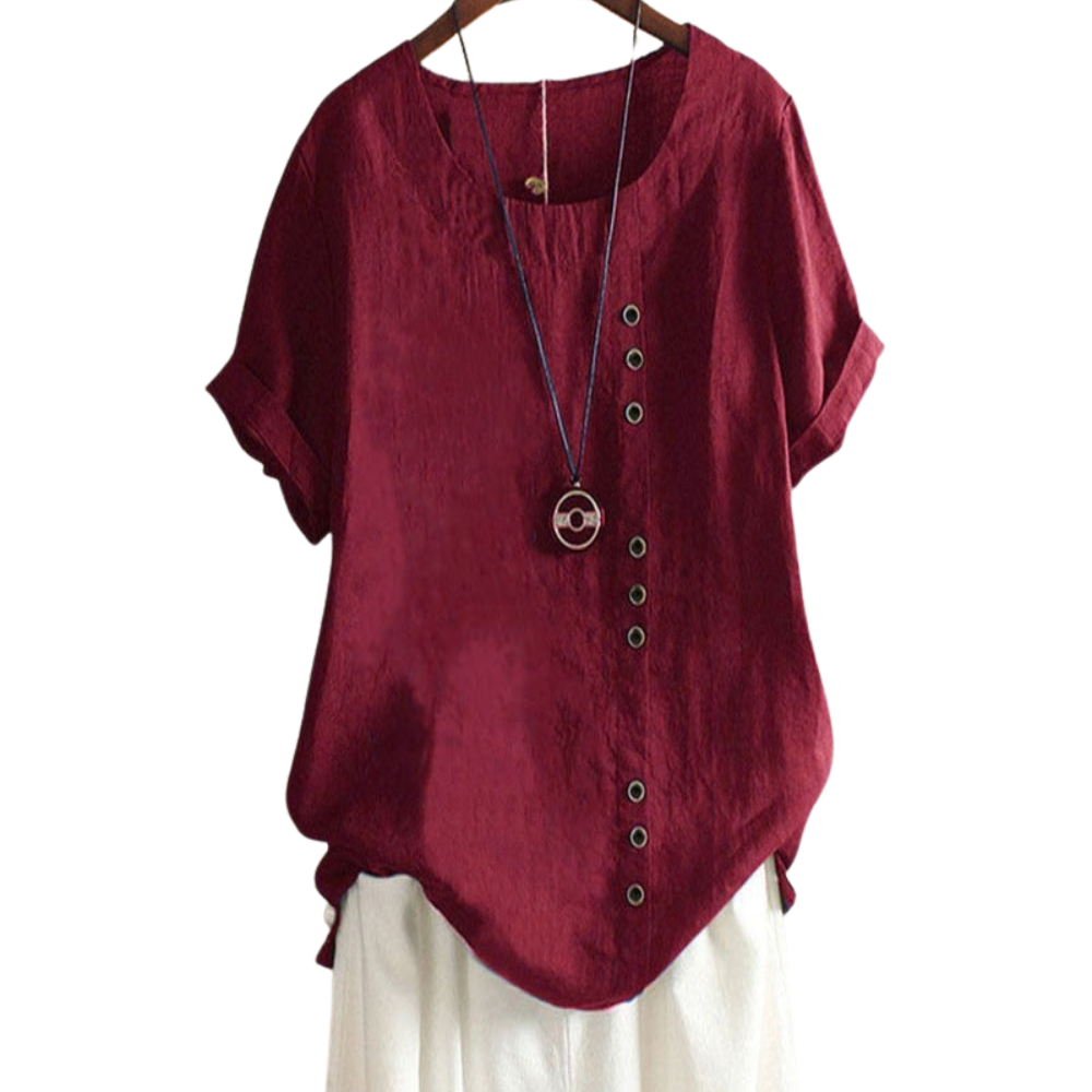 Leonie – Bluse med Løs Pasform Rund Hals og Korte Ærmer