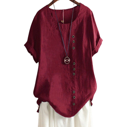 Leonie – Bluse med Løs Pasform Rund Hals og Korte Ærmer