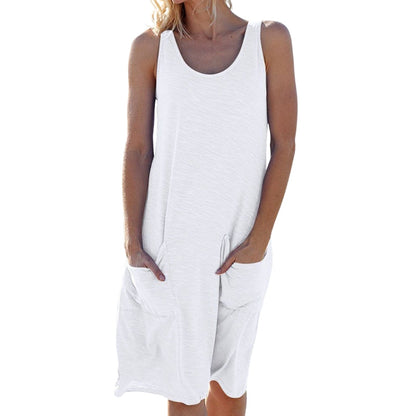 Sophie – Ærmeløs Knælang Kjole med Lige Snit og Sidelommer