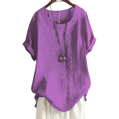 Leonie – Bluse med Løs Pasform Rund Hals og Korte Ærmer