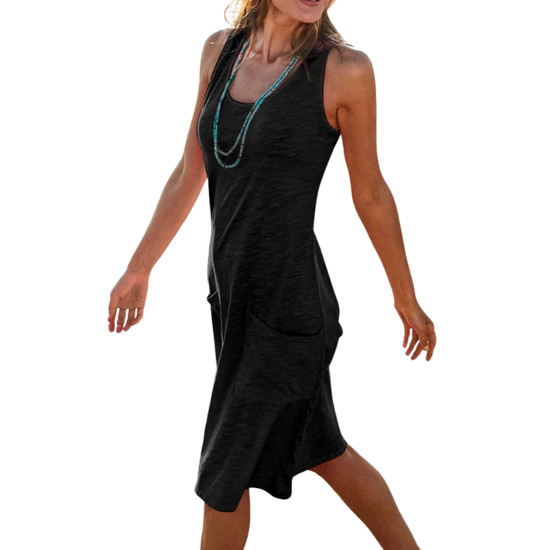 Sophie – Ærmeløs Knælang Kjole med Lige Snit og Sidelommer