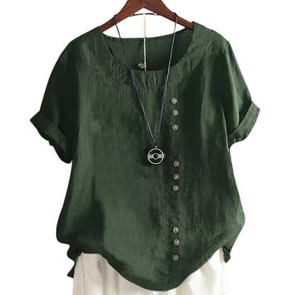 Leonie – Bluse med Løs Pasform Rund Hals og Korte Ærmer