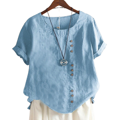 Leonie – Bluse med Løs Pasform Rund Hals og Korte Ærmer