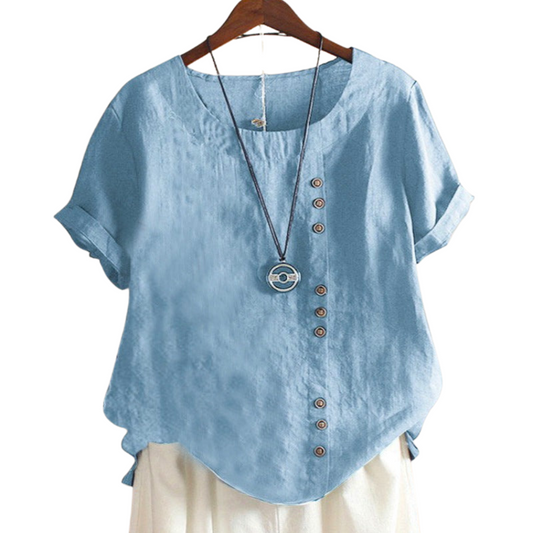 Leonie – Bluse med Løs Pasform Rund Hals og Korte Ærmer