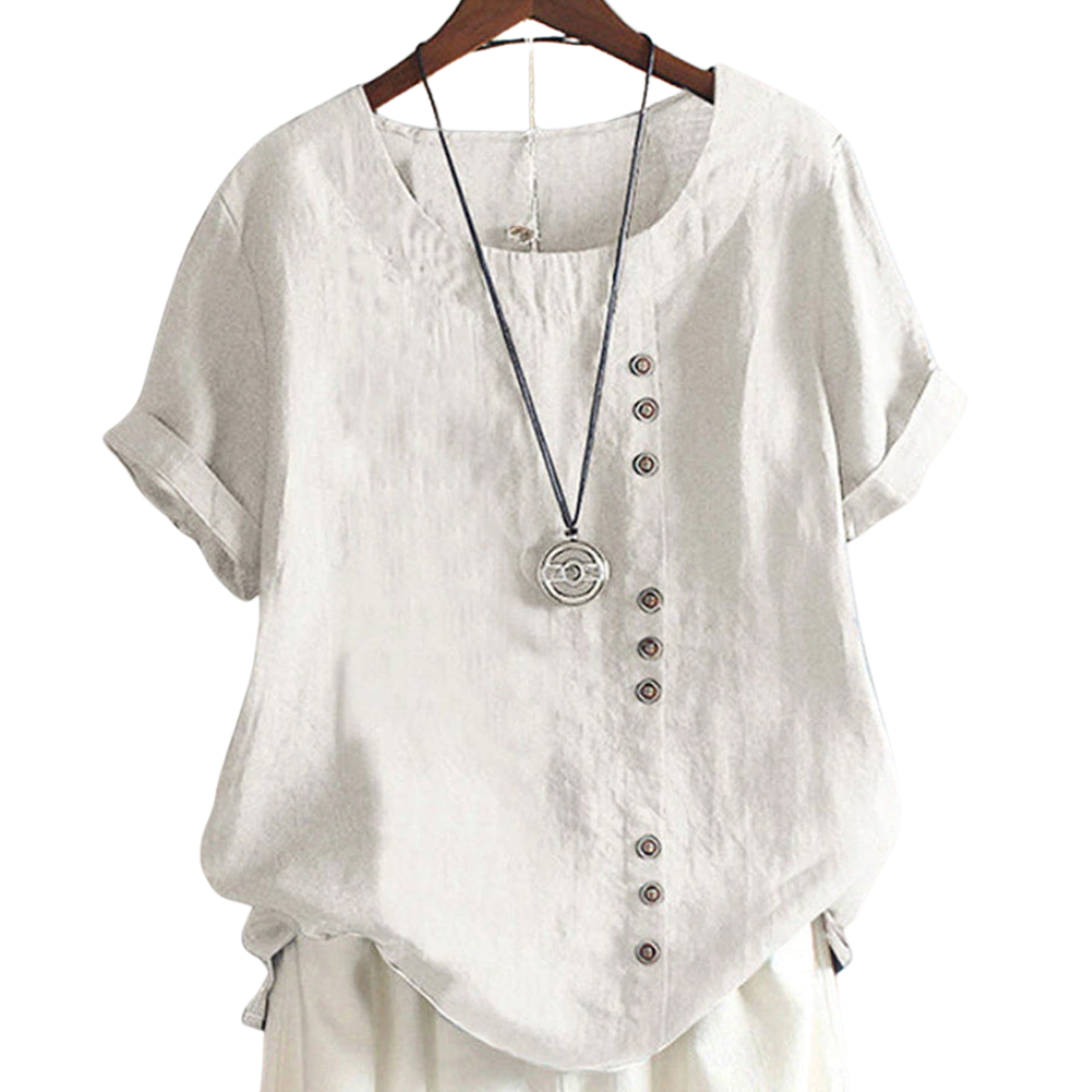 Leonie – Bluse med Løs Pasform Rund Hals og Korte Ærmer