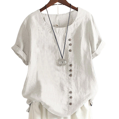 Leonie – Bluse med Løs Pasform Rund Hals og Korte Ærmer