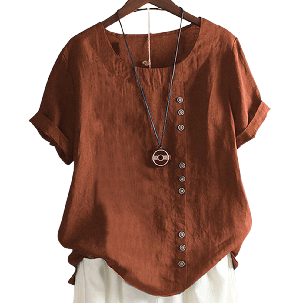 Leonie – Bluse med Løs Pasform Rund Hals og Korte Ærmer