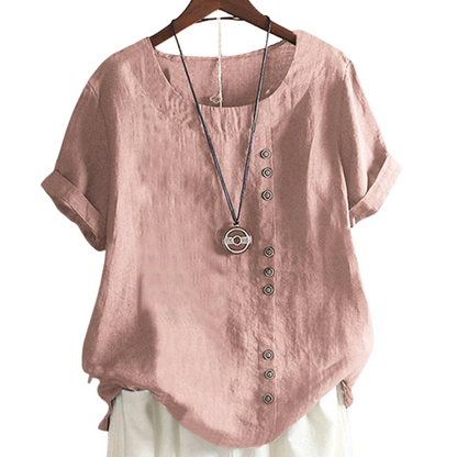 Leonie – Bluse med Løs Pasform Rund Hals og Korte Ærmer